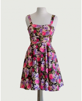 Fold Over Sleeveless Fit & Flare Dress In Pink Roses