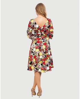 3/4 Sleeve Round Neck Fit & Flare Dress W/ Pleated Skirt & Button tab Details at Waist in Floral Print