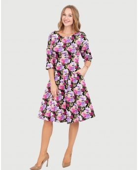 3/4 Sleeve Round Neck Fit & Flare Dress W/ Pleated Skirt & Button tab Details at Waist in Pink Roses Print