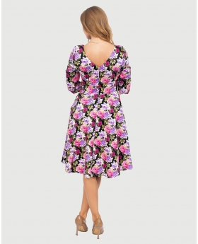 3/4 Sleeve Round Neck Fit & Flare Dress W/ Pleated Skirt & Button tab Details at Waist in Pink Roses Print