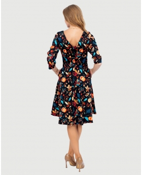 3/4 Sleeve Round Neck Fit & Flare Dress W/ Pleated Skirt & Button tab Details at Waist in Pumpkin Print