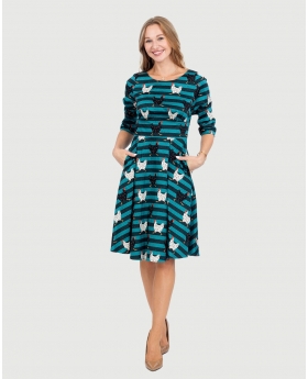3/4 Sleeve Round Neck Fit & Flare Dress W/ Pleated Skirt & Button tab Details at Waist in Chicken Hen Print