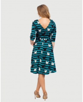 3/4 Sleeve Round Neck Fit & Flare Dress W/ Pleated Skirt & Button tab Details at Waist in Chicken Hen Print