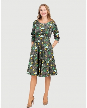 3/4 Sleeve Round Neck Fit & Flare Dress W/ Pleated Skirt & Button tab Details at Waist in Frog Print
