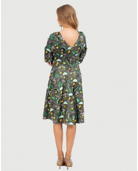 3/4 Sleeve Round Neck Fit & Flare Dress W/ Pleated Skirt & Button tab Details at Waist in Frog Print