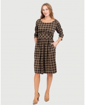 3/4 Sleeve Round Neck Fit & Flare Dress W/ Pleated Skirt & Button tab Details at Waist in Brown Plaids