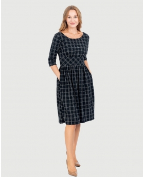 3/4 Sleeve Round Neck Fit & Flare Dress W/ Pleated Skirt & Button tab Details at Waist in Black Plaids