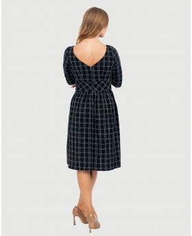3/4 Sleeve Round Neck Fit & Flare Dress W/ Pleated Skirt & Button tab Details at Waist in Black Plaids