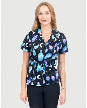 Fit & Flare Button Up Top W/ Short Sleeves in Eye and Hand Print