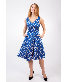 Fit & Flare V-Neck Blue Corgi Dress, Sleeveless-3915 Blu Corgi