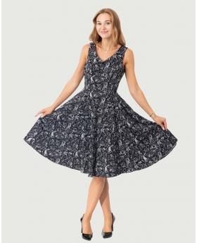 Fit & Flare Zodiac Print Dress w/ Pocket, V-Neck in Front & Back with Full Skirt