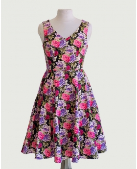 V-Neck Sleeveless Fit & Flare Dress In Pink Roses