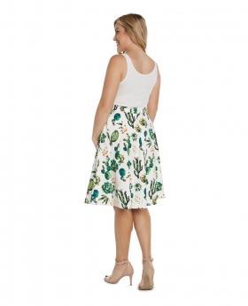 Pleated Cactus Print Midi Skirt with Side Pockets  - B524 CAC