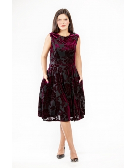 Boat Neck Fit & flare Dress, Burnout Velvet, Burgundy Color, Fully Lined - Eva Rose Clothing
