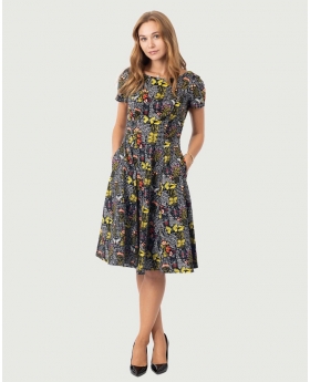 Fit & Flare Boat Neck Floral Dress in Botanical Butterfly Print, Cap Sleeve & Full Skirt