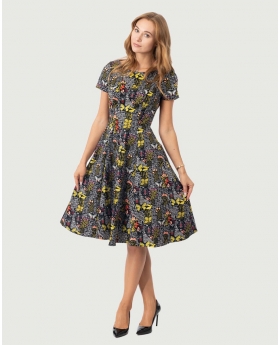 Fit & Flare Boat Neck Floral Dress in Botanical Butterfly Print, Cap Sleeve & Full Skirt