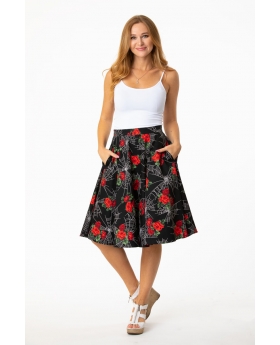 Black and Red Rose with Web Full Skirt with Pocket- ER524 WEB ROSE
