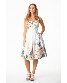 V-neck Fit & Flare White Floral Dress, Sleeveless- ER3915 DBL WTE
