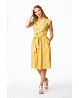 Yellow Stripe Dress with Buttons in Front, Self-tie belt & High Chinese Neck-ER5252 STR GLD