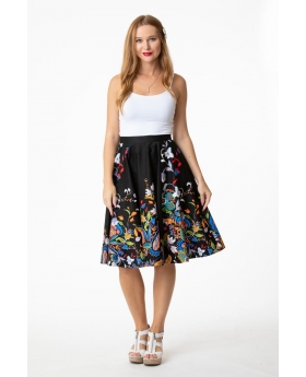Floral Double Border Midi Skirt with Side Pockets- ER524 DBL BLK-4X-DBL BLK