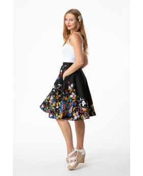 Floral Double Border Midi Skirt with Side Pockets- ER524 DBL BLK