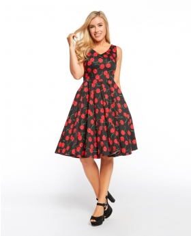 Fit & Flare Cherry Print Dress, V-Neck in Front & Back with Full Skirt - ER3915 CH-CH BLK-4X