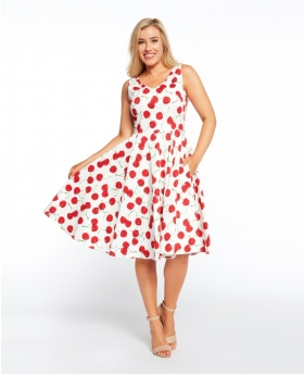 Fit & Flare Cherry Print Dress, V-Neck in Front & Back with Full Skirt - ER3915 CH-CH WTE-4X
