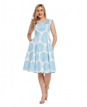 Cap Sleeves Midi Dress with Box Pleated Skirt and Round Neck with Slit - ER3980