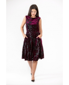 Boat Neck Fit & flare Dress, Burnout Velvet, Burgundy Color, Fully Lined - Eva Rose Clothing
