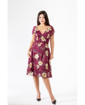 Fit & Flare Faux Wrap Dress w/ Cap Sleeve Fully Lined in Burgundy Floral Chiffon - Eva Rose Clothing