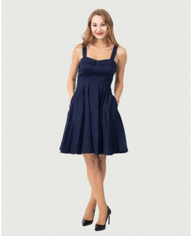 Sleeveless Fit & Flare Fold Over Neck Women Dress With Pocket in Solid Navy