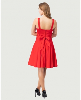 Sleeveless Fit & Flare Fold Over Neck Women Dress With Pocket in Solid Red