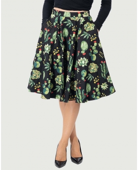 Skirt in Fit & Flare Style, Black Cactus Print  W/ Pocket-4X