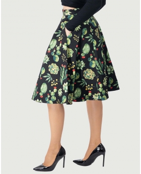 Skirt in Fit & Flare Style, Black Cactus Print  W/ Pocket