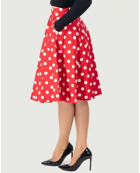 Fit & Flare Red Polka Dot Print Skirt W/ Pocket