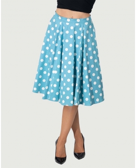Fit & Flare Baby Blue Polka Dot Print Skirt W/ Pocket