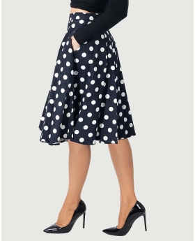 Fit & Flare Black Polka Dot Print Skirt W/ Pocket