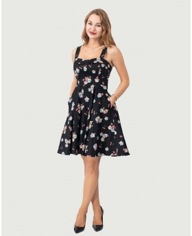 Sleeveless Fit & Flare Fold Over Neck Women Dress With Pocket in Cup Cake Print