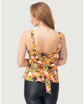 Foldover Sleeveless Top W/ Bra-Cup & Back Belt in Ditsy Floral Print