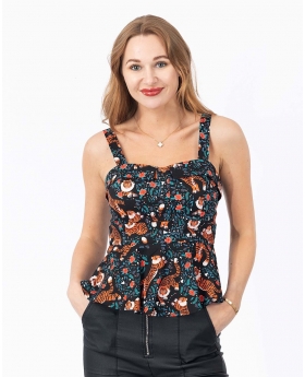 Foldover Sleeveless Top W/ Bra-Cup & Back Belt in Tiger Print Top
