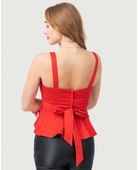 Foldover Sleeveless Top W/ Bra-Cup & Back Belt in Solid Red Print Top