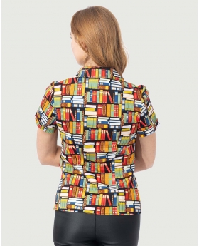 Fit & Flare Button Up Top in Book Print W/ Button & Short Sleeves
