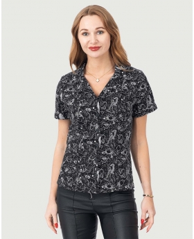 Fit & Flare Zodiac Print Button Up Top W/ Button & Short Sleeves