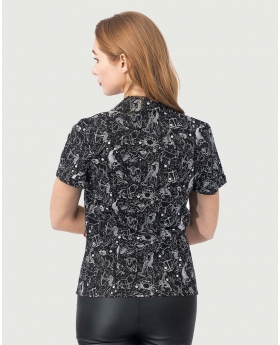 Fit & Flare Zodiac Print Button Up Top W/ Button & Short Sleeves