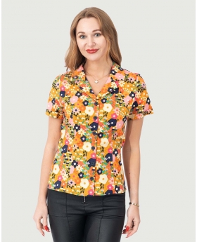 Fit & Flare Ditsy Floral Print Button Up Top W/ Button & Short Sleeves