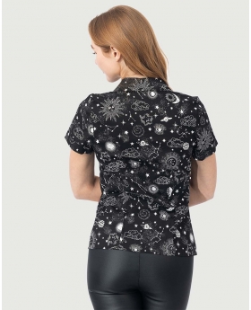 Fit & Flare Lunar Print Button Up Top W/ Button & Short Sleeves