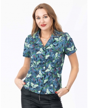 Fit & Flare Green Moth Print Button Up Top W/ Button & Short Sleeves