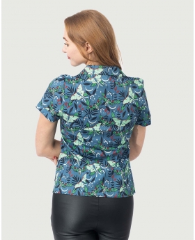 Fit & Flare Green Moth Print Button Up Top W/ Button & Short Sleeves