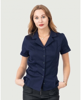 Fit & Flare Navy Button Up Top W/ Button & Short Sleeves