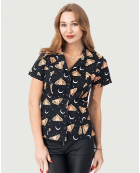 Fit & Flare Moon & Butterfly Print Button Up Top W/ Button & Short Sleeves